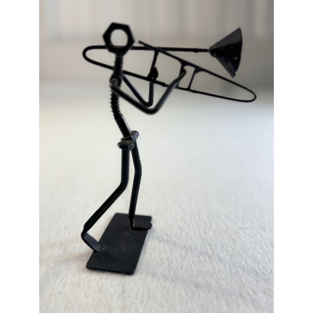 Handcrafted Metal Nut and Bolt Trombone Player Musician Figurine Sculpture Black